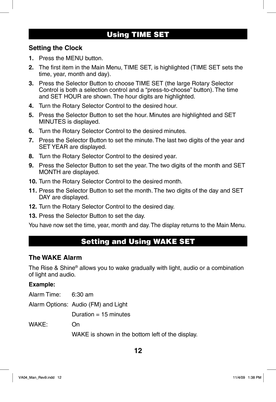 Verilux VA04 manual Using Time SET, Setting and Using Wake SET, Setting the Clock, Wake Alarm 