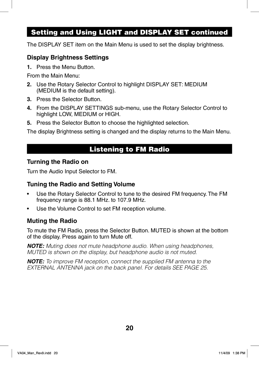 Verilux VA04 Listening to FM Radio, Display Brightness Settings, Turning the Radio on, Tuning the Radio and Setting Volume 