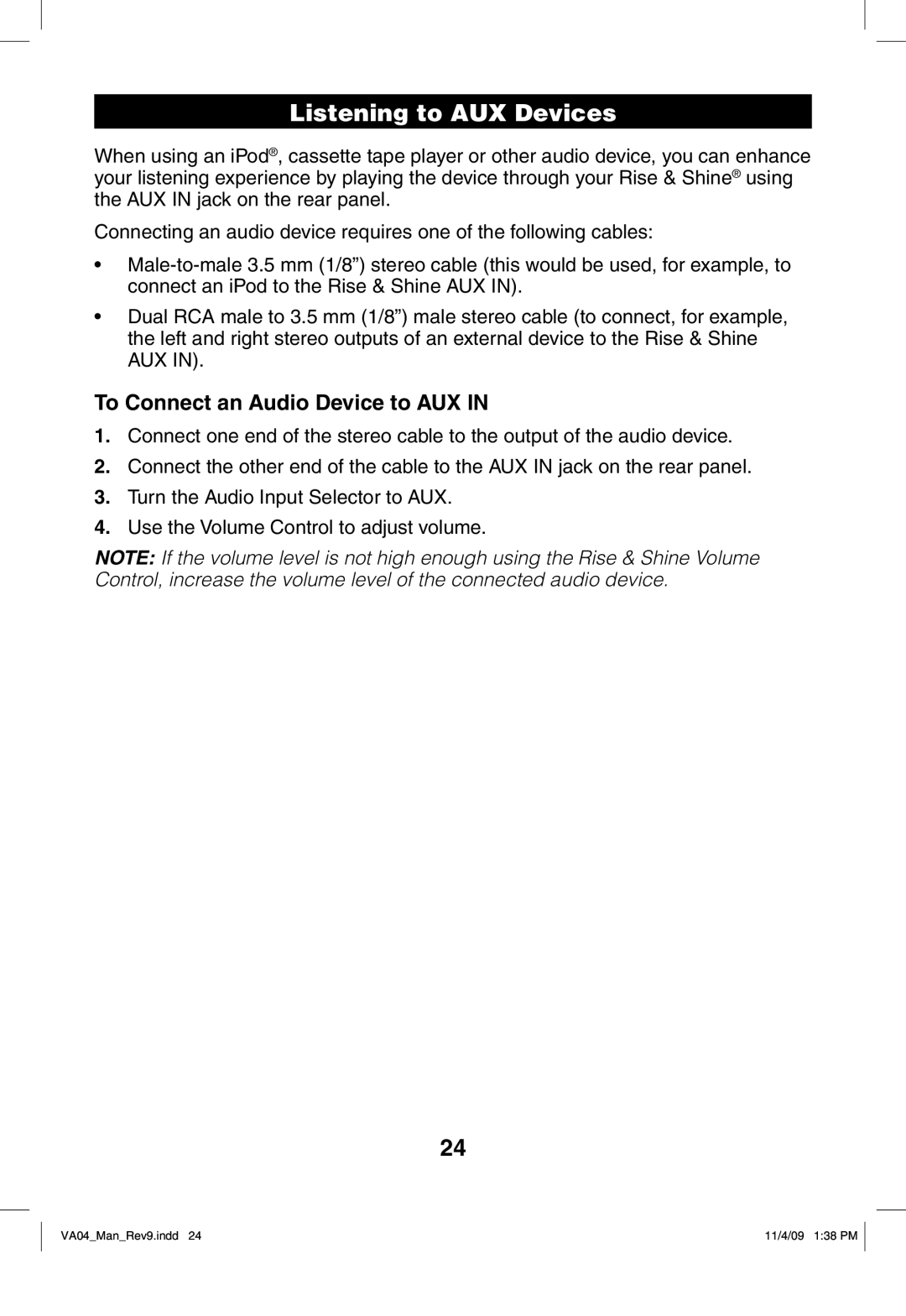 Verilux VA04 manual Listening to AUX Devices, To Connect an Audio Device to AUX 