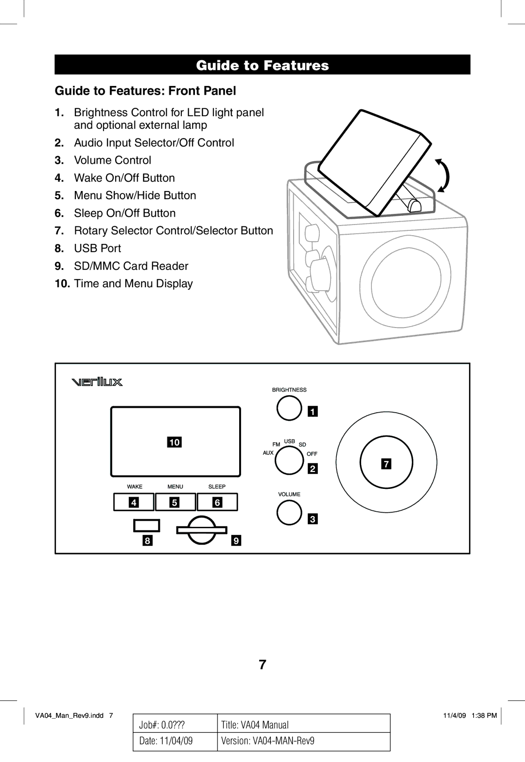 Verilux VA04 manual Guide to Features Front Panel 