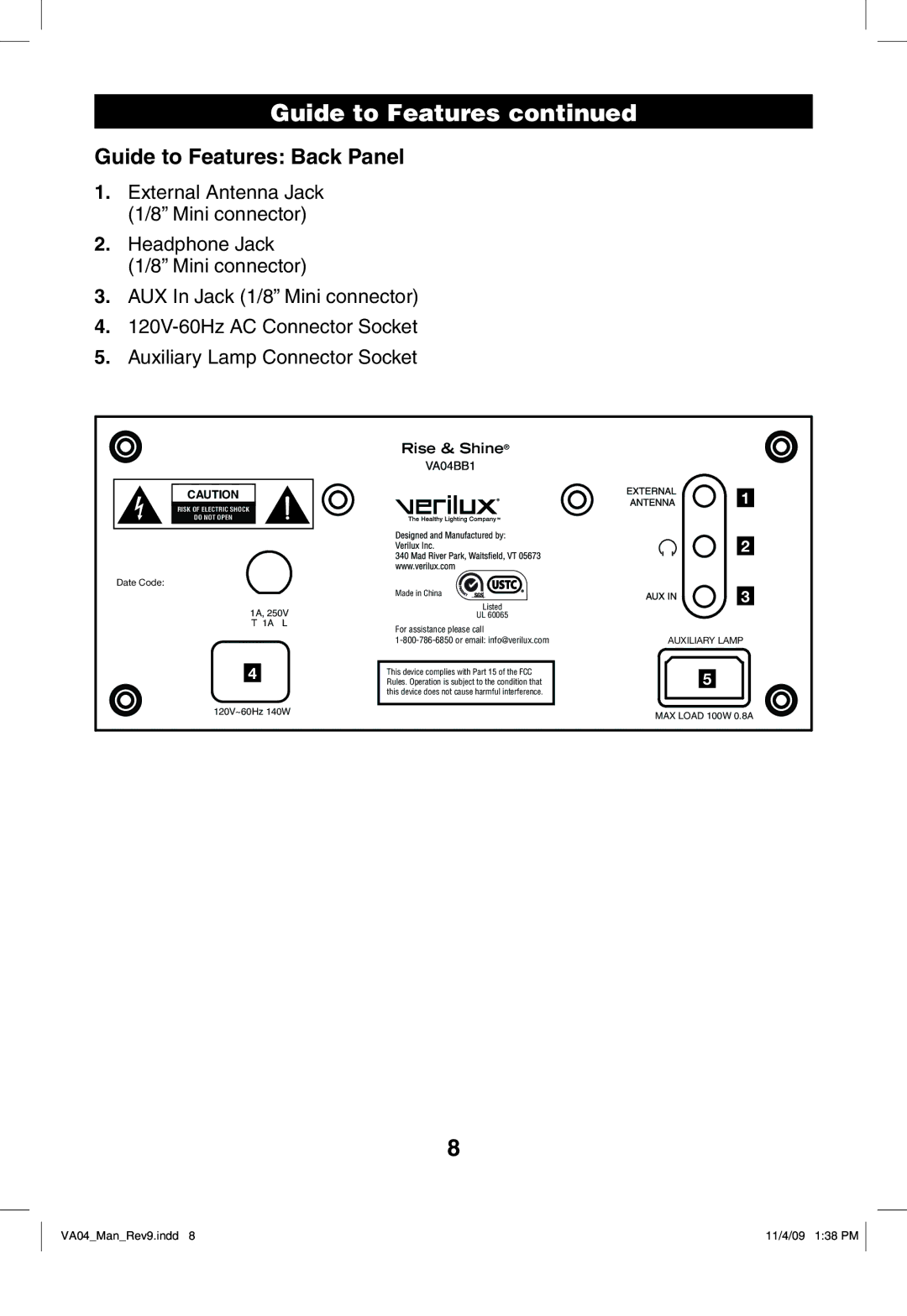 Verilux VA04 manual Guide to Features Back Panel, Rise & Shine 