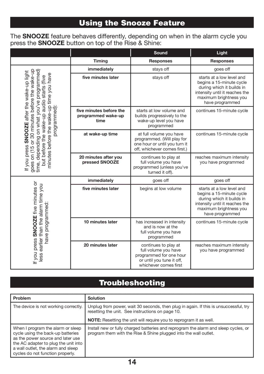 Verilux VA06 manual Using the Snooze Feature, Troubleshooting 