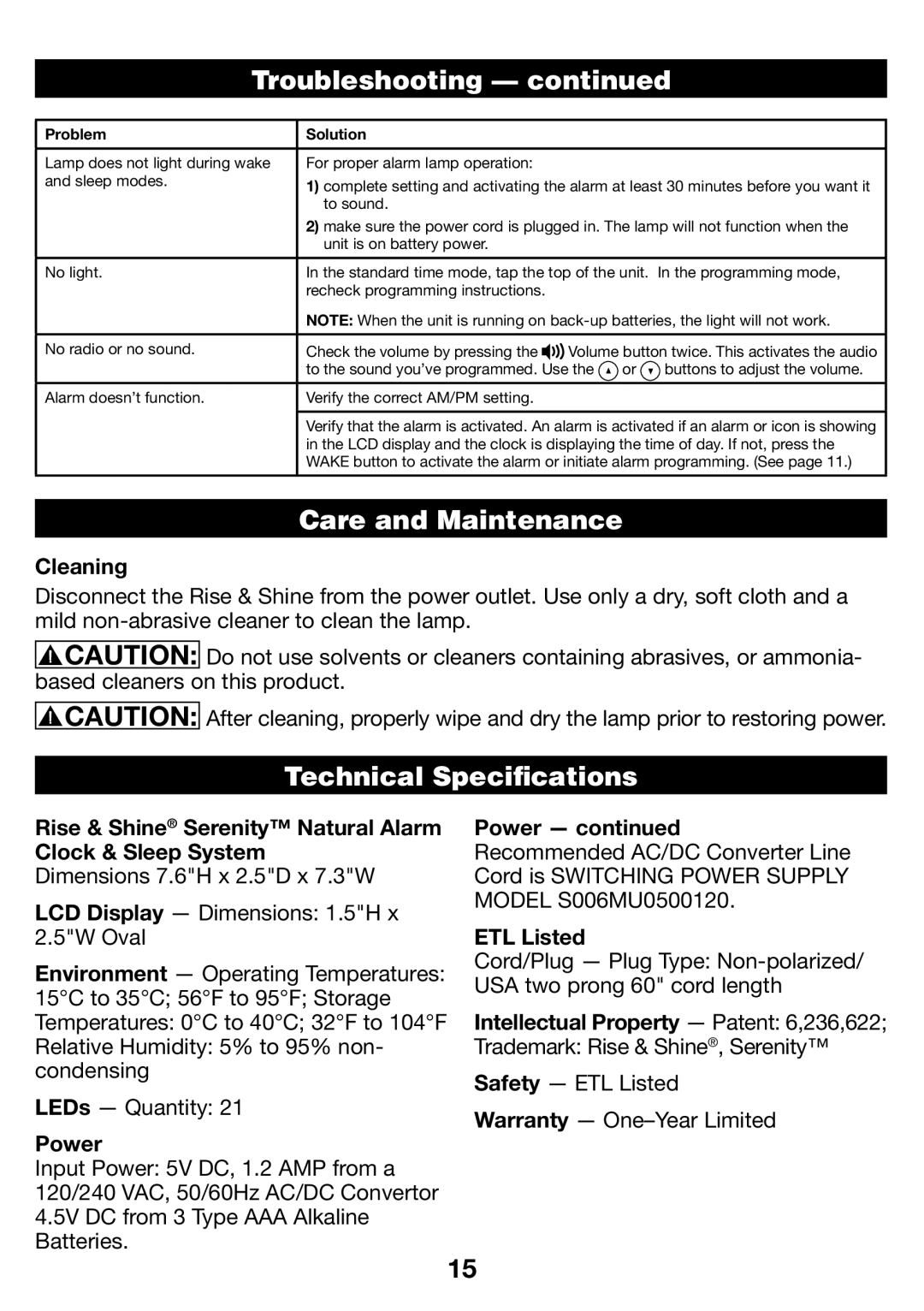 Verilux VA06 manual Care and Maintenance, Technical Specifications 