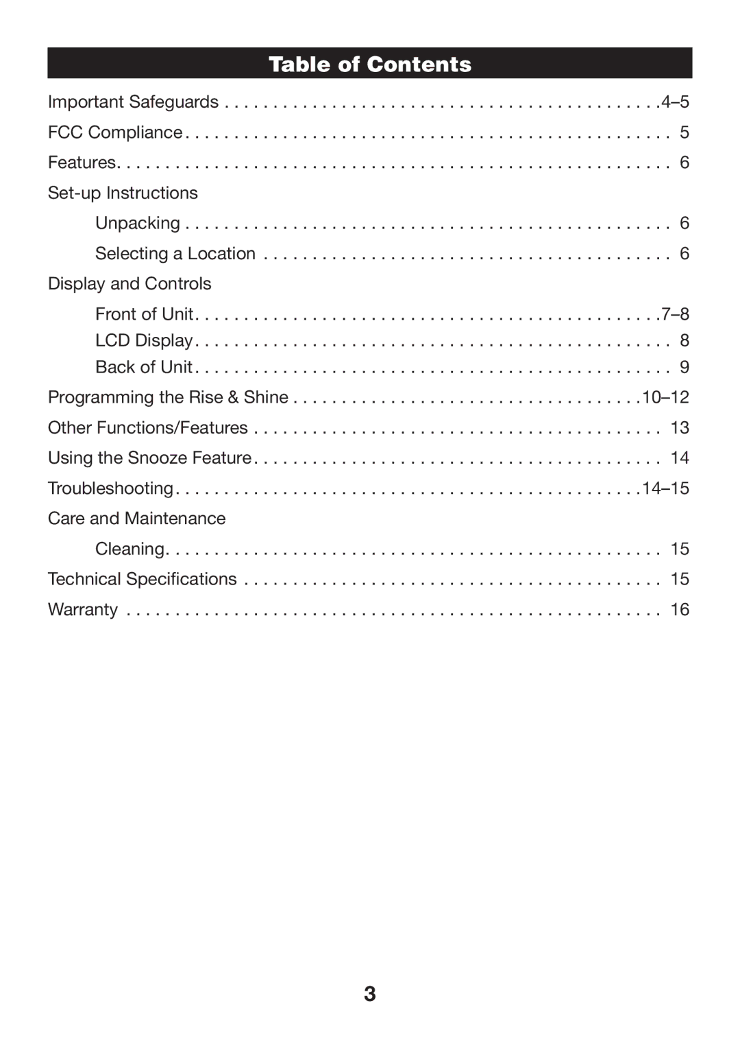 Verilux VA06 manual Table of Contents 