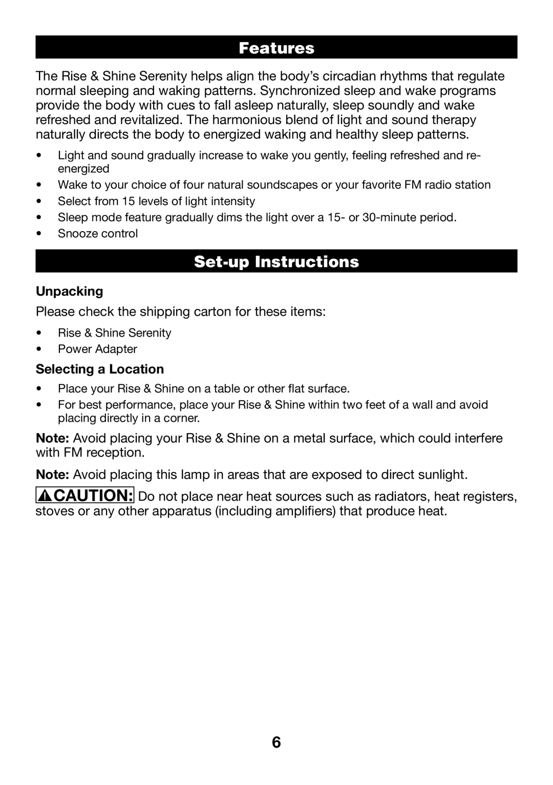 Verilux VA06 manual Features, Set-up Instructions, Unpacking, Selecting a Location 