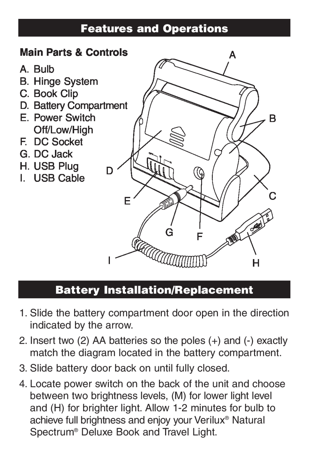 Verilux VB01 manual Features and Operations, Battery Installation/Replacement, Main Parts & Controls 