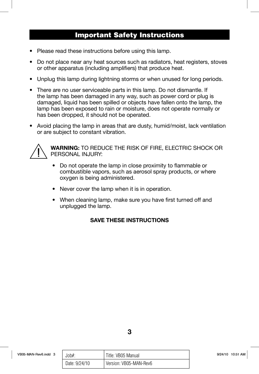 Verilux VB05 manual Important Safety Instructions 