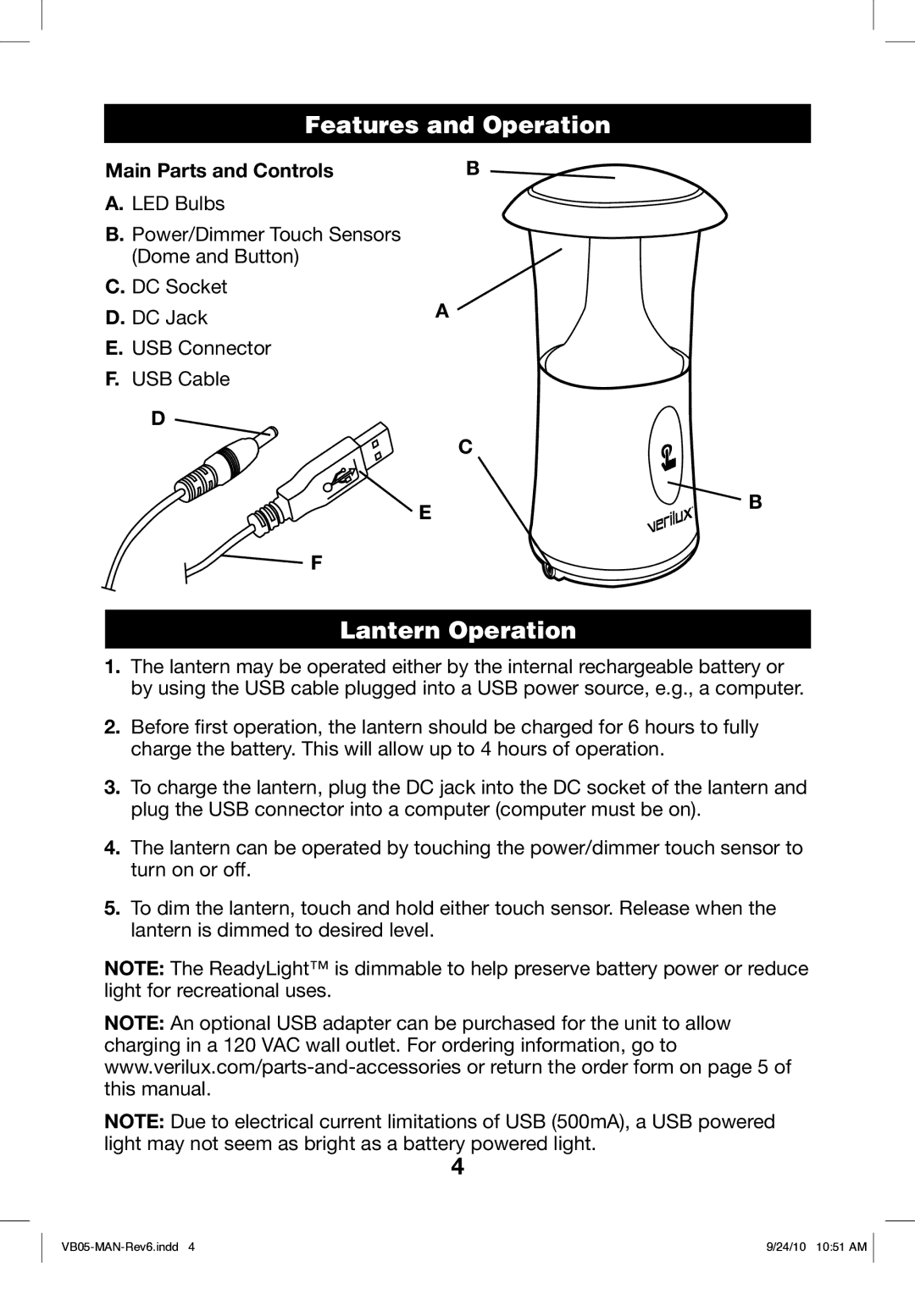 Verilux VB05 manual Features and Operation, Lantern Operation, Main Parts and Controls 