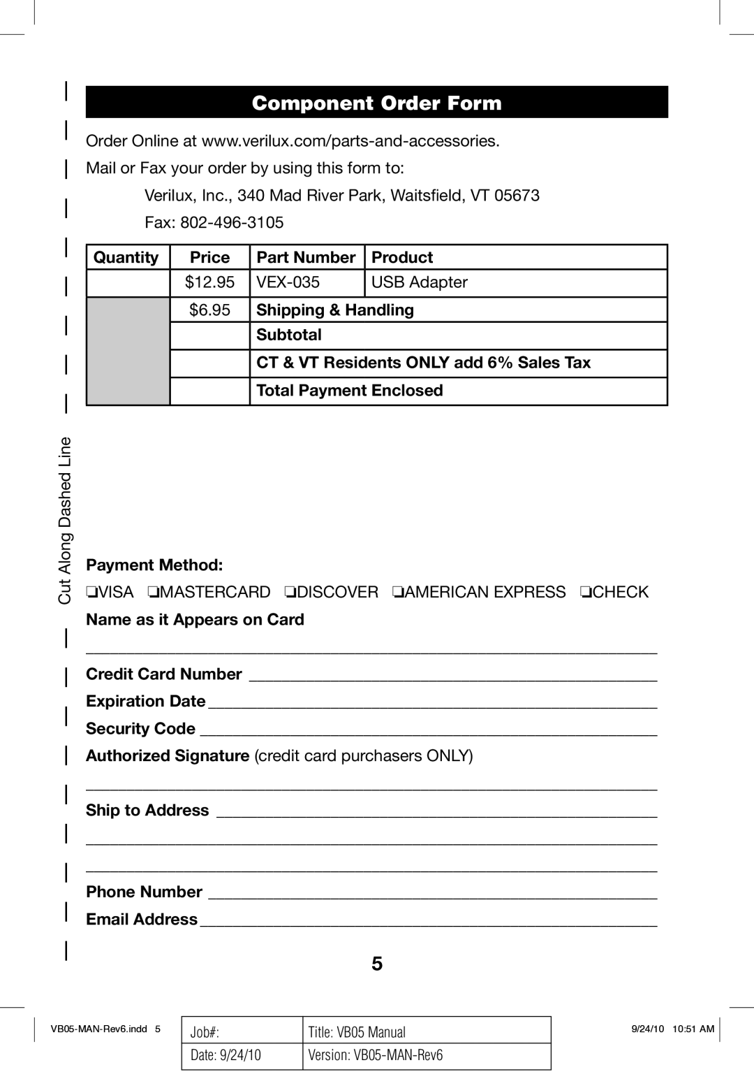 Verilux VB05 manual Component Order Form, Payment Method, Ship to Address Phone Number Email Address 