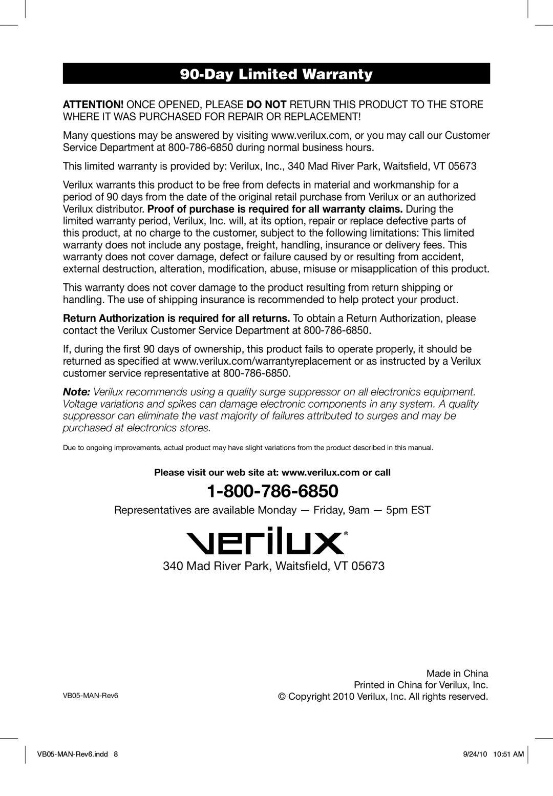 Verilux VB05 manual Day Limited Warranty, Mad River Park, Waitsﬁeld, VT 