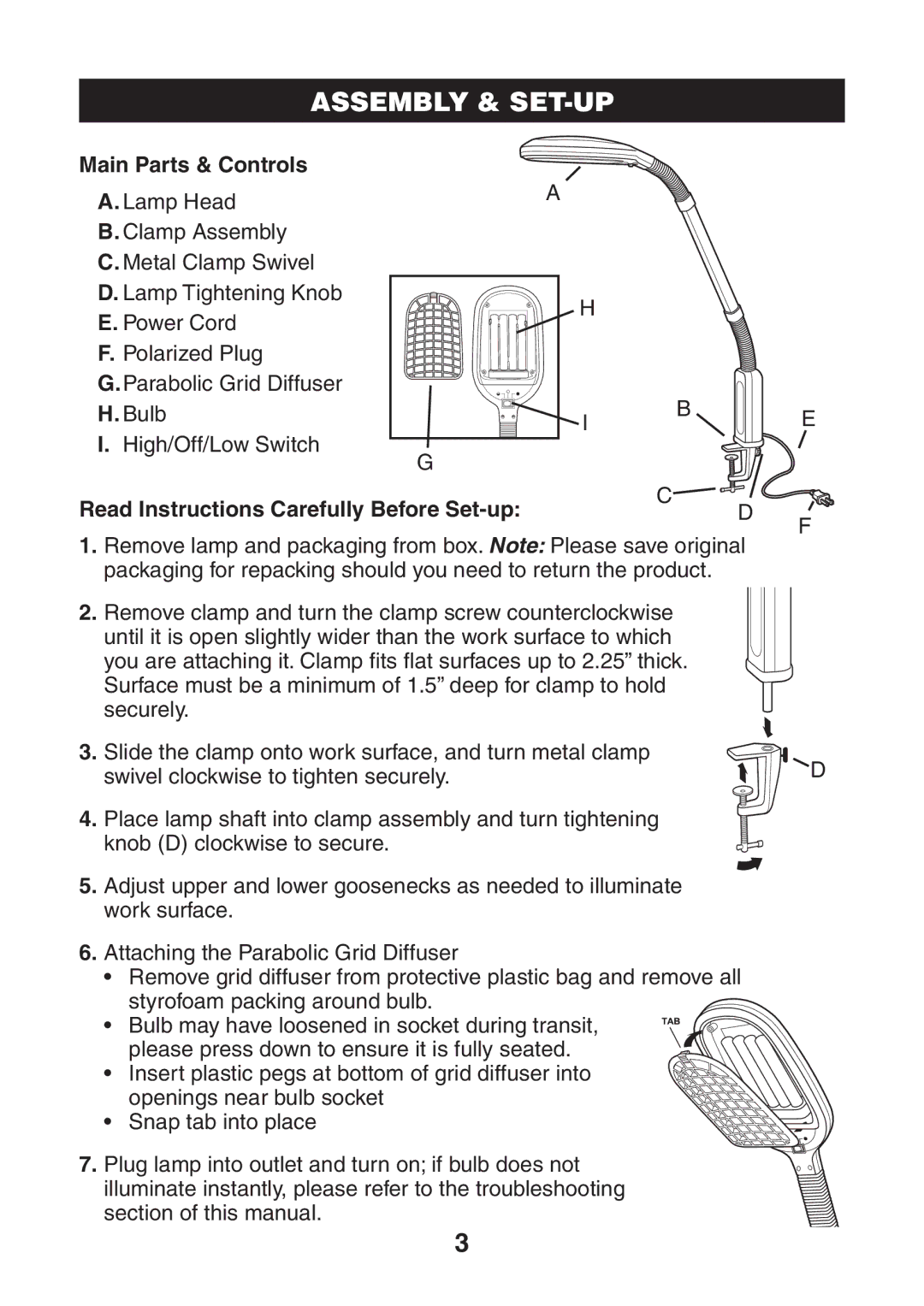 Verilux VC01 manual Assembly & SET-UP, Main Parts & Controls, Read Instructions Carefully Before Set-up 