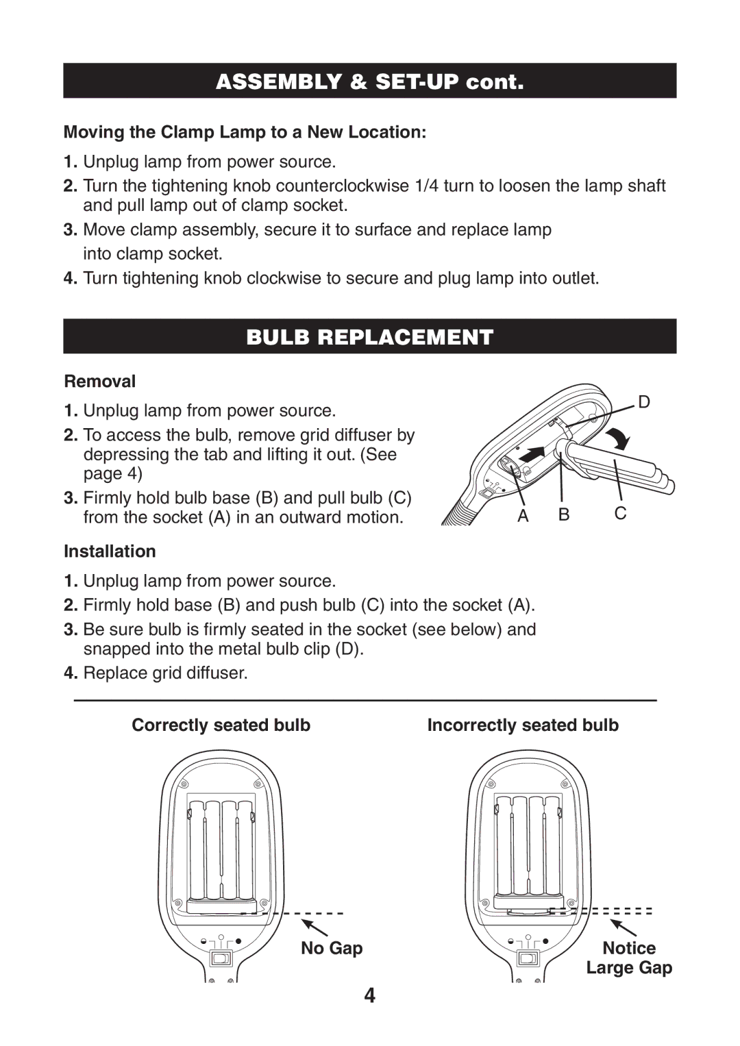 Verilux VC01 manual Bulb Replacement, Moving the Clamp Lamp to a New Location, Removal, Installation 