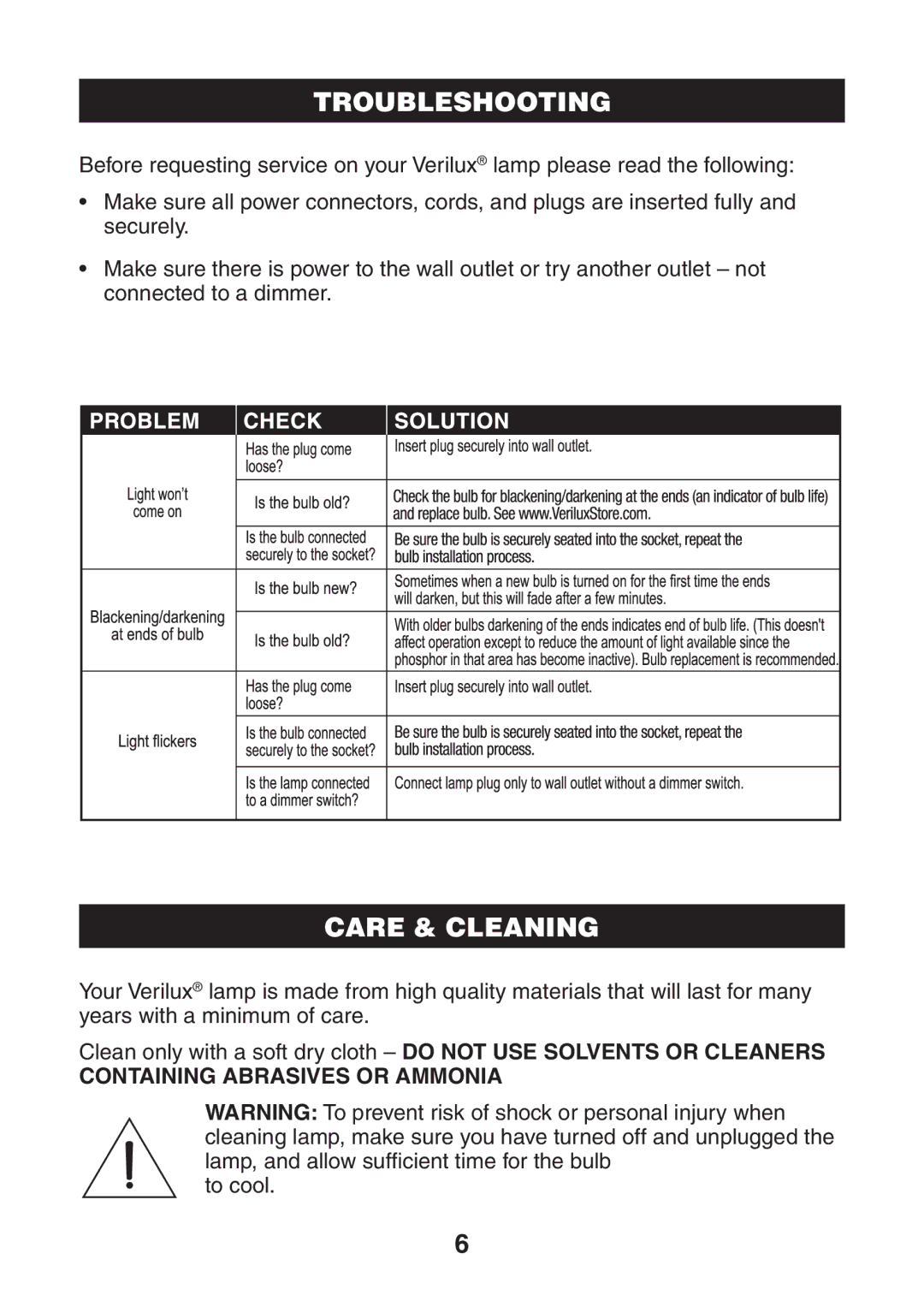 Verilux VC01 manual Troubleshooting, Care & Cleaning 