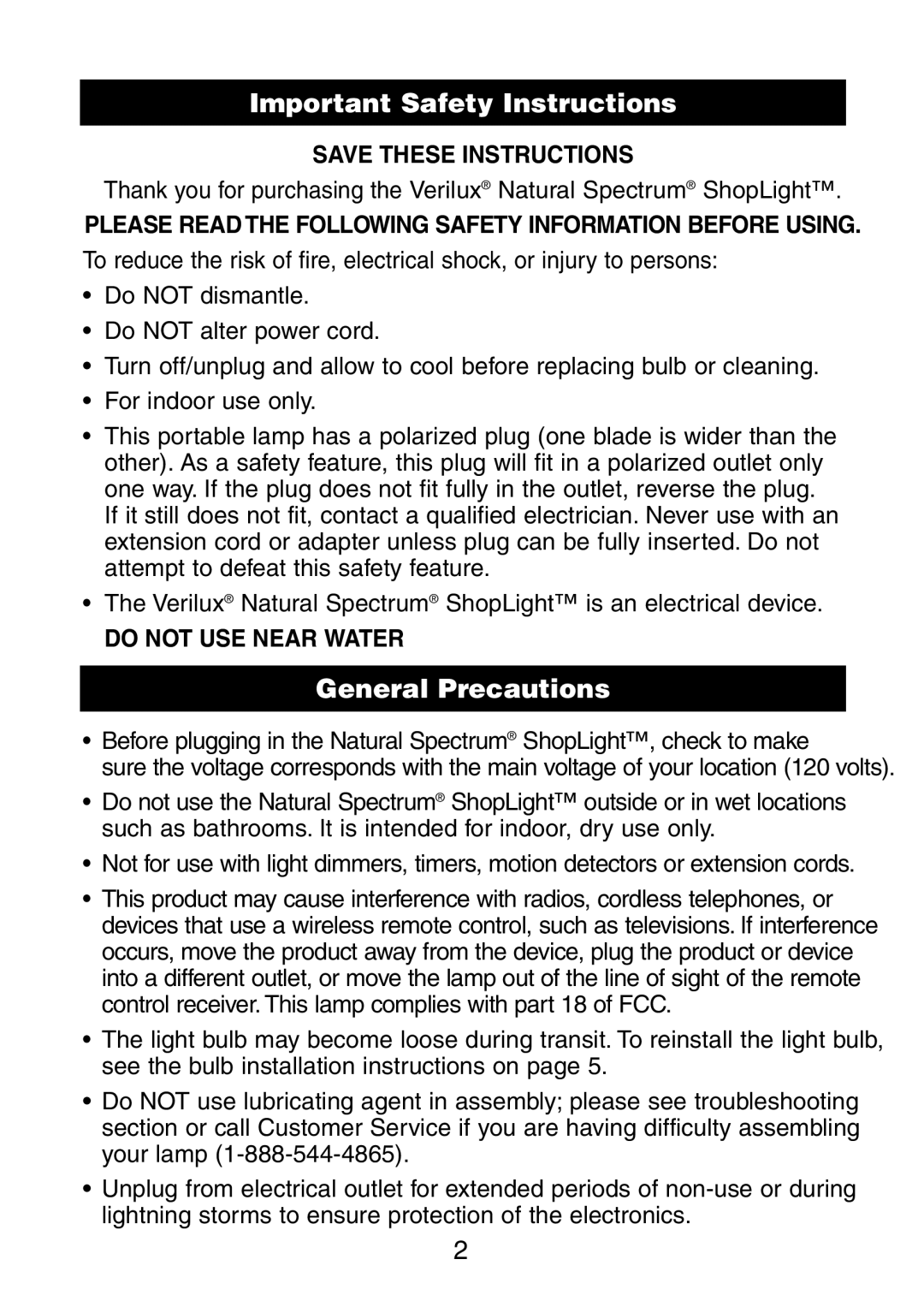 Verilux VC01HH1 instruction manual Important Safety Instructions, General Precautions 