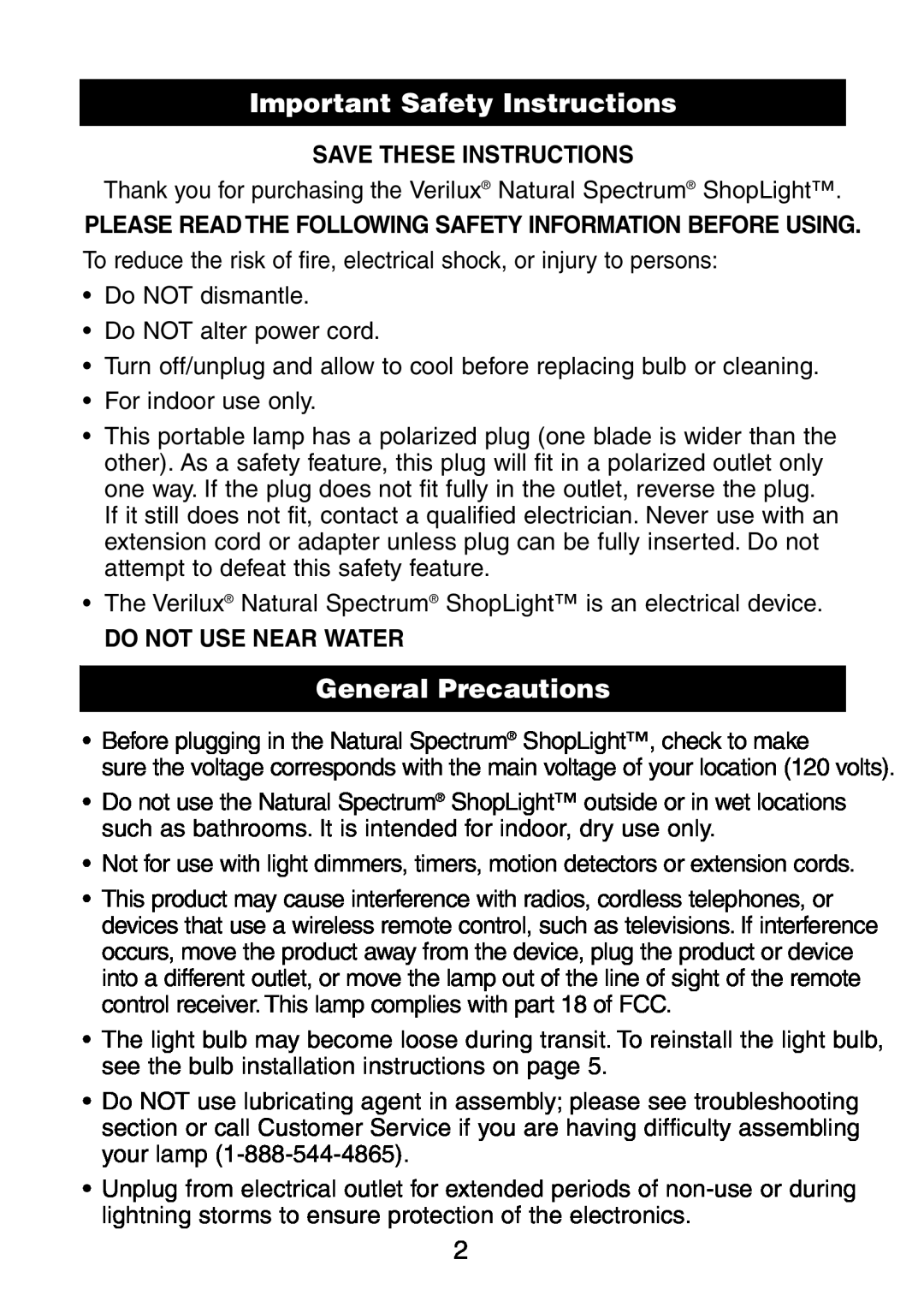 Verilux VC01HH1 Important Safety Instructions, General Precautions, Save These Instructions, Do Not Use Near Water 