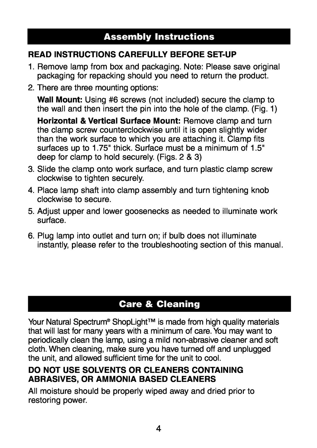 Verilux VC01HH1 instruction manual Assembly Instructions, Care & Cleaning, Read Instructions Carefully Before Set-Up 