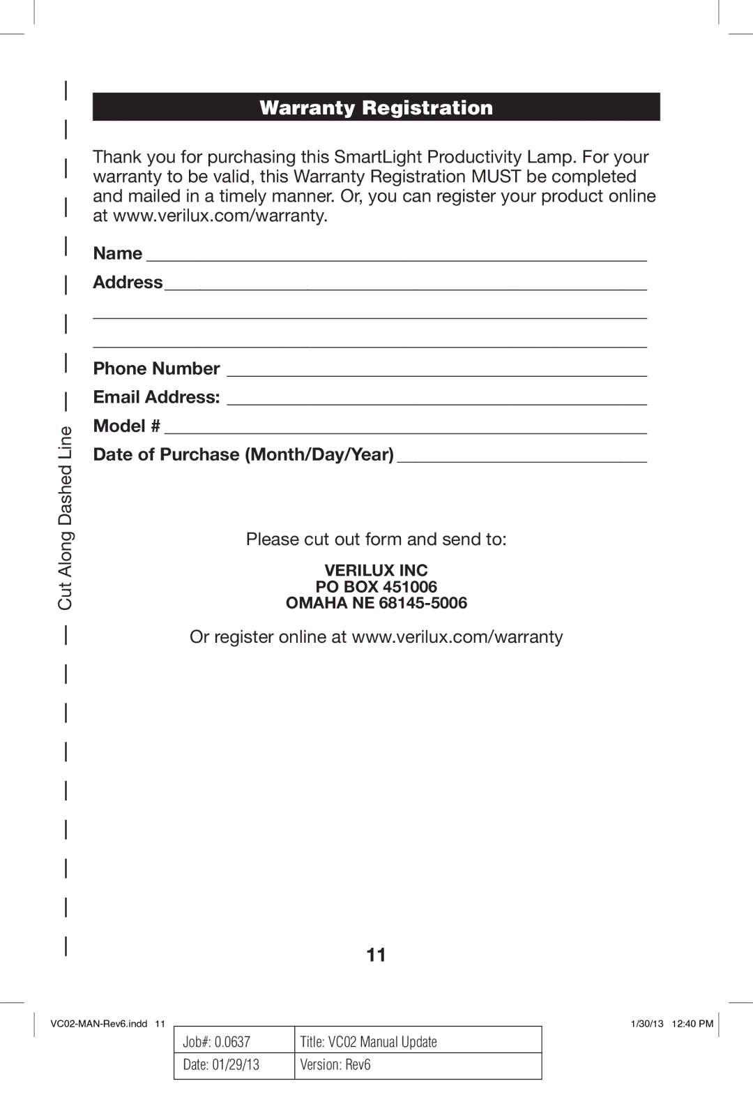 Verilux VC02 manual Warranty Registration, Date of Purchase Month/Day/Year 