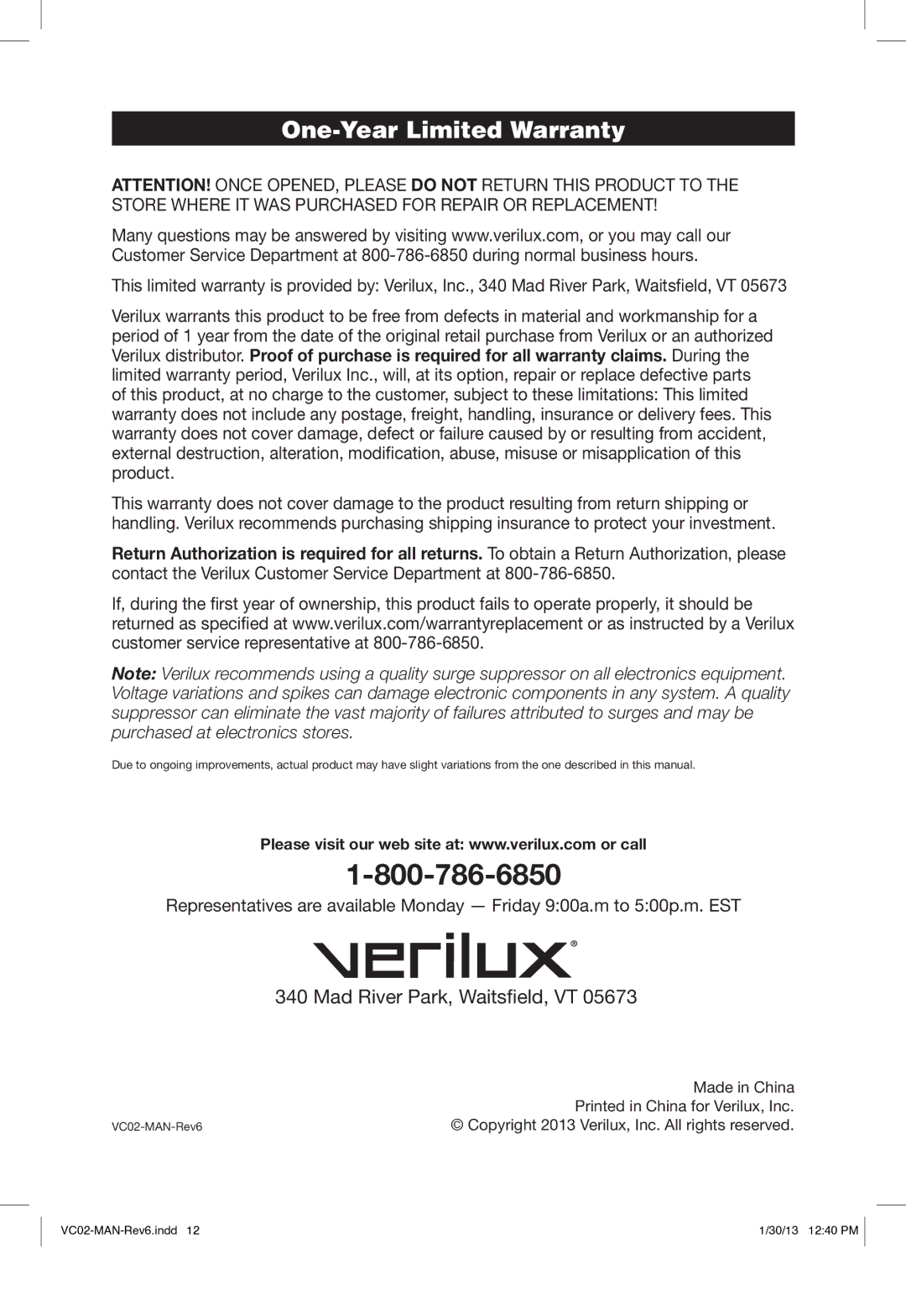 Verilux VC02 manual One-Year Limited Warranty, Mad River Park, Waitsfield, VT 