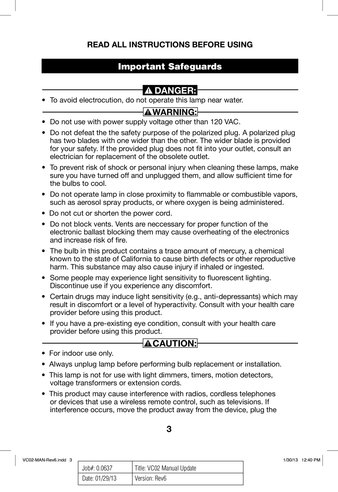 Verilux VC02 manual Important Safeguards 