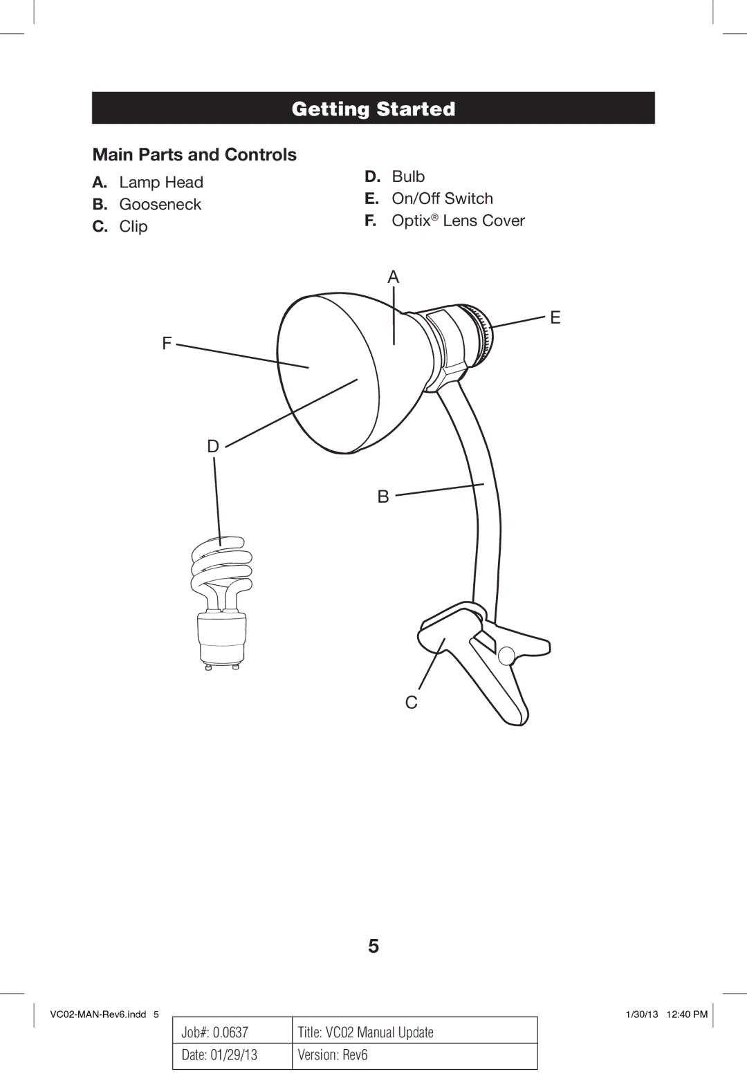 Verilux VC02 manual Getting Started, Main Parts and Controls 