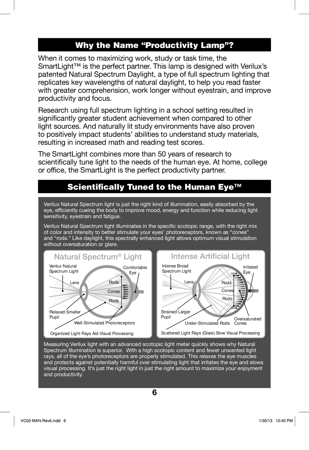 Verilux VC02 manual Why the Name Productivity Lamp?, Scientifically Tuned to the Human Eye 