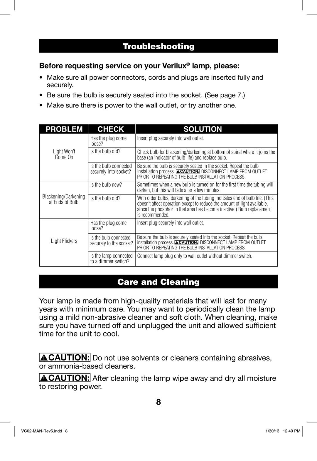 Verilux VC02 manual Troubleshooting, Care and Cleaning, Before requesting service on your Verilux lamp, please 