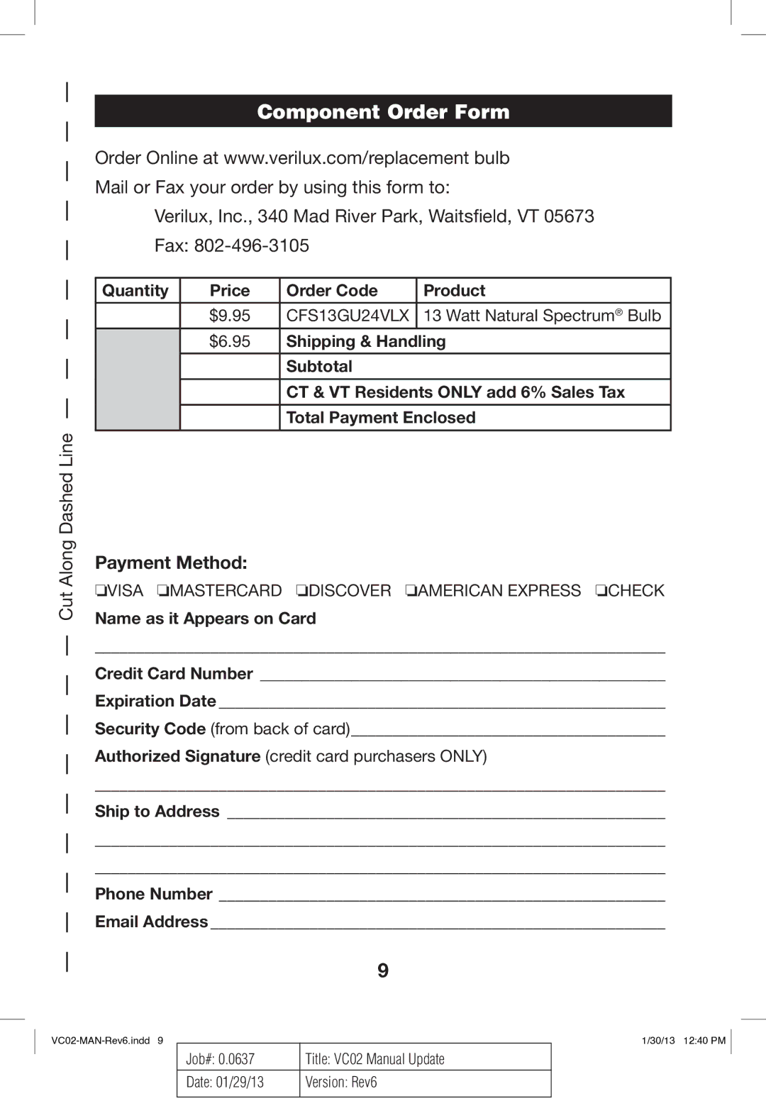 Verilux VC02 manual Component Order Form, Payment Method 