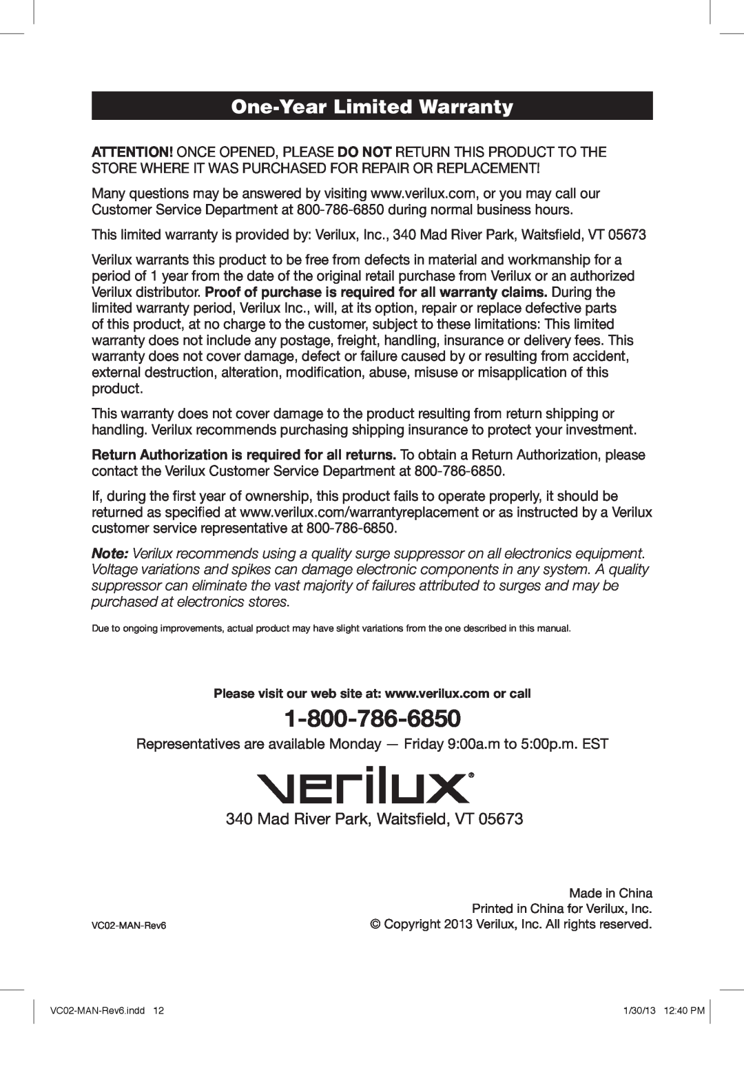 Verilux VC02 manual One-YearLimited Warranty, Mad River Park, Waitsfield, VT 
