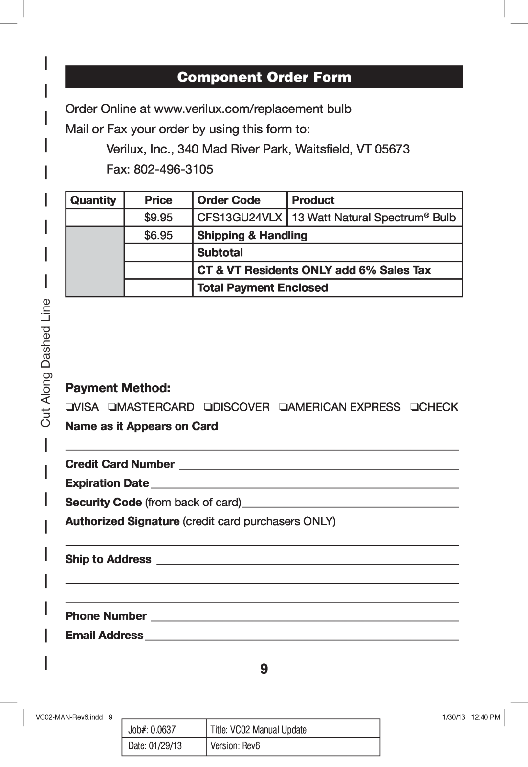 Verilux VC02 manual Component Order Form, Payment Method 