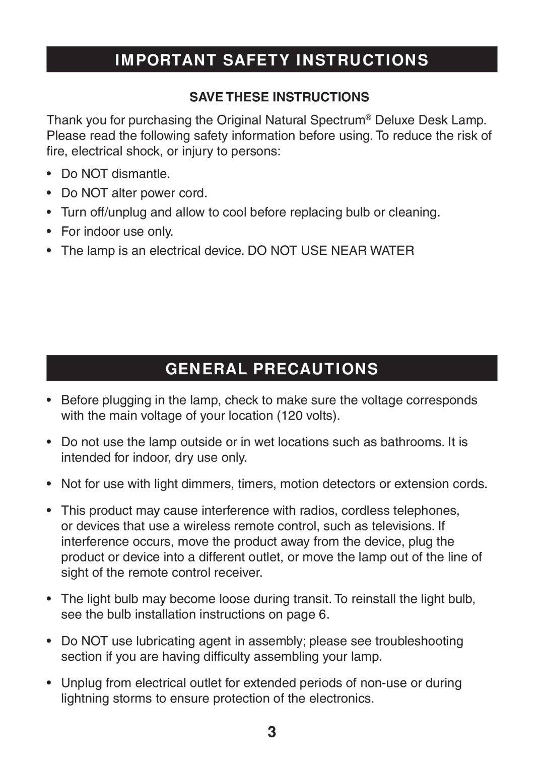 Verilux VD01 manual Important Safety Instructions, General Precautions 