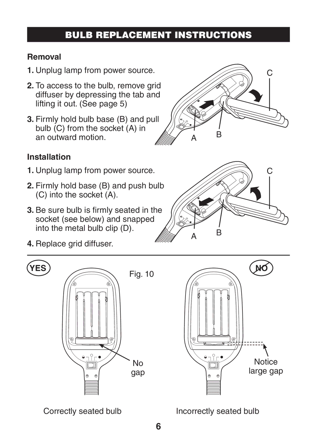 Verilux VD01 manual Bulb Replacement Instructions, Removal, Installation 