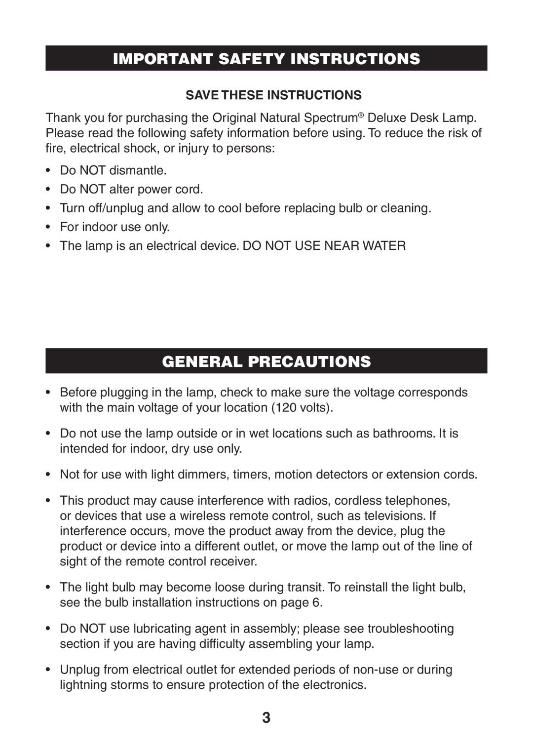 Verilux VD01 manual Important Safety Instructions, General Precautions 