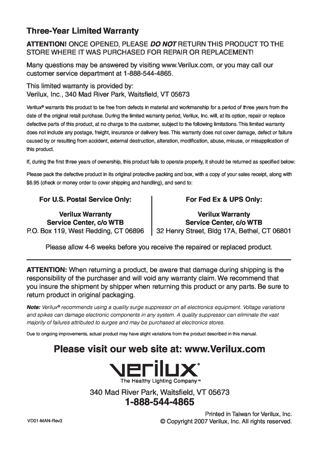 Verilux VD01 manual Three-YearLimited Warranty, For U.S. Postal Service Only Verilux Warranty, Service Center, c/o WTB 