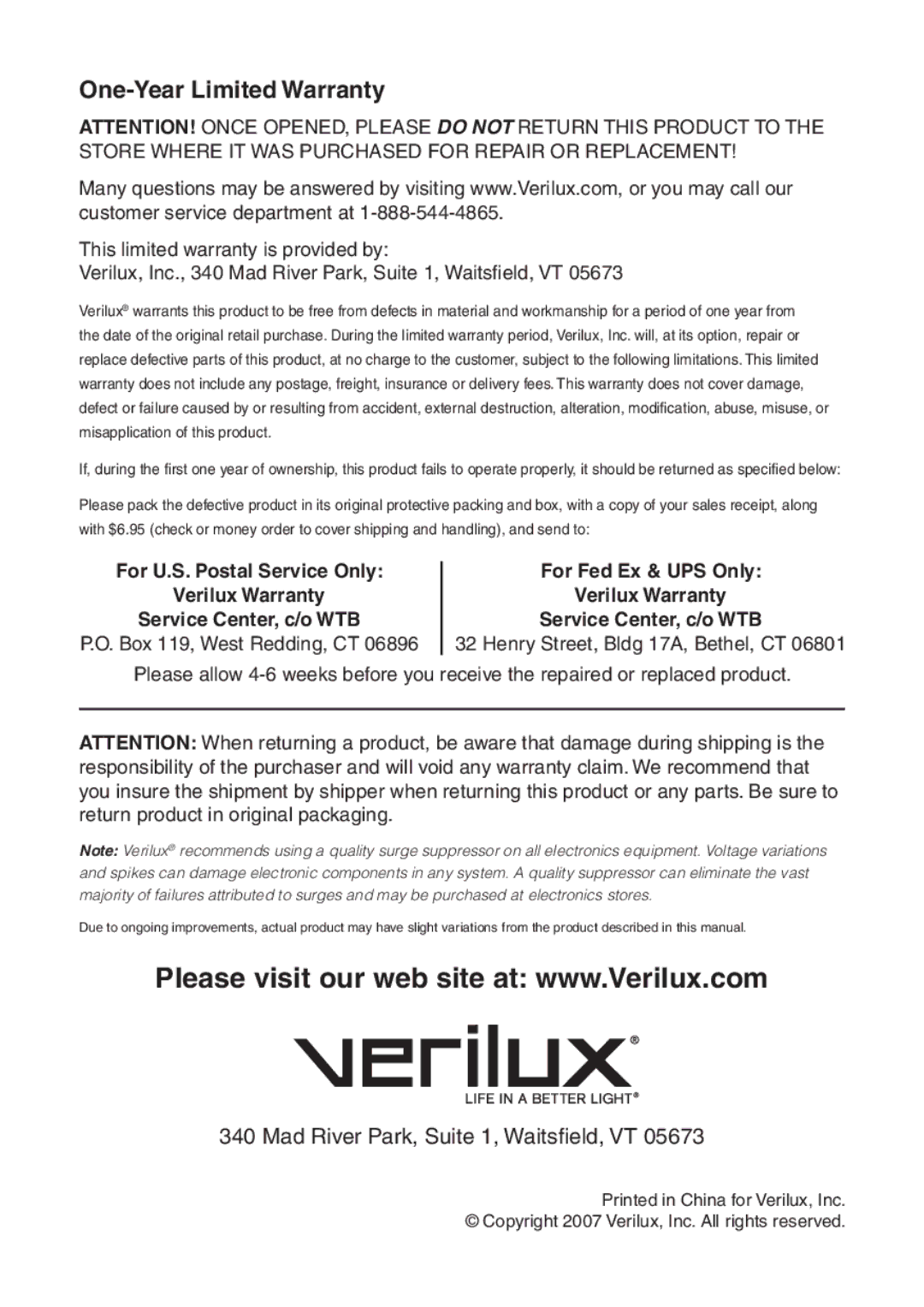 Verilux VD017 manual One-Year Limited Warranty 