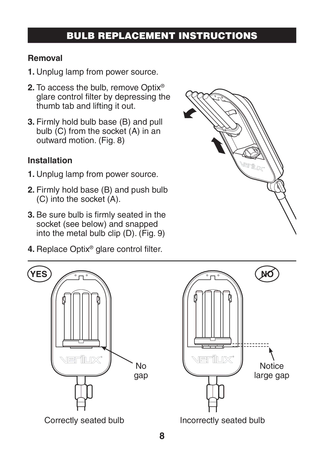 Verilux VD03 manual Bulb Replacement Instructions, Removal, Installation 