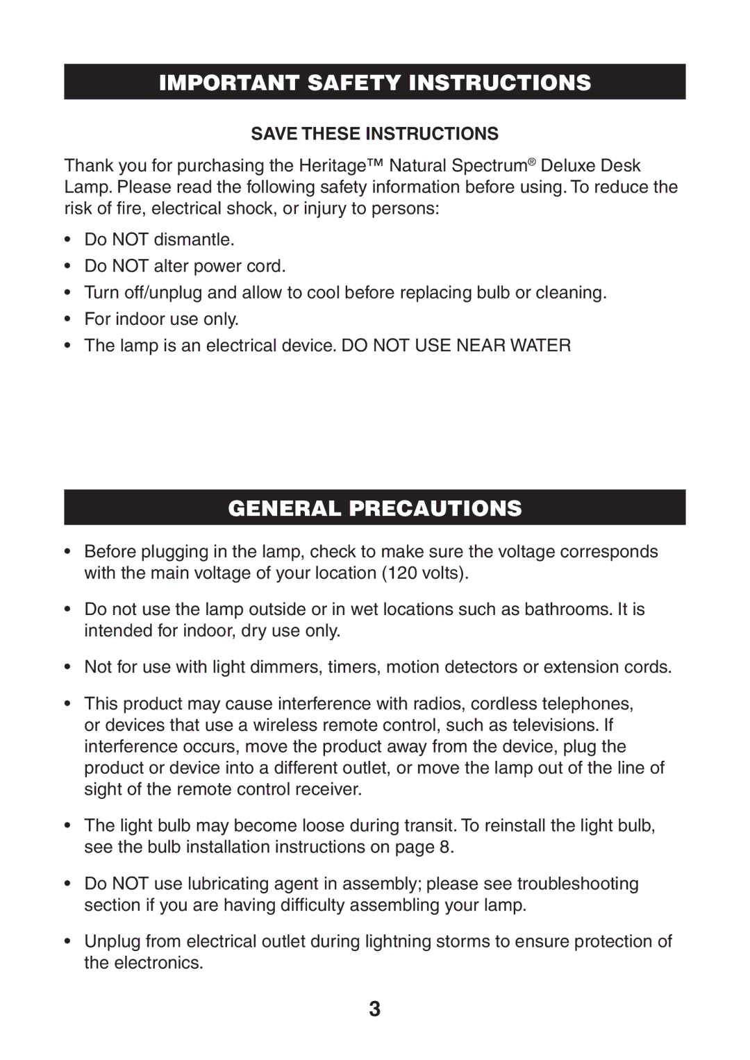 Verilux VD03 manual Important Safety Instructions, General Precautions 