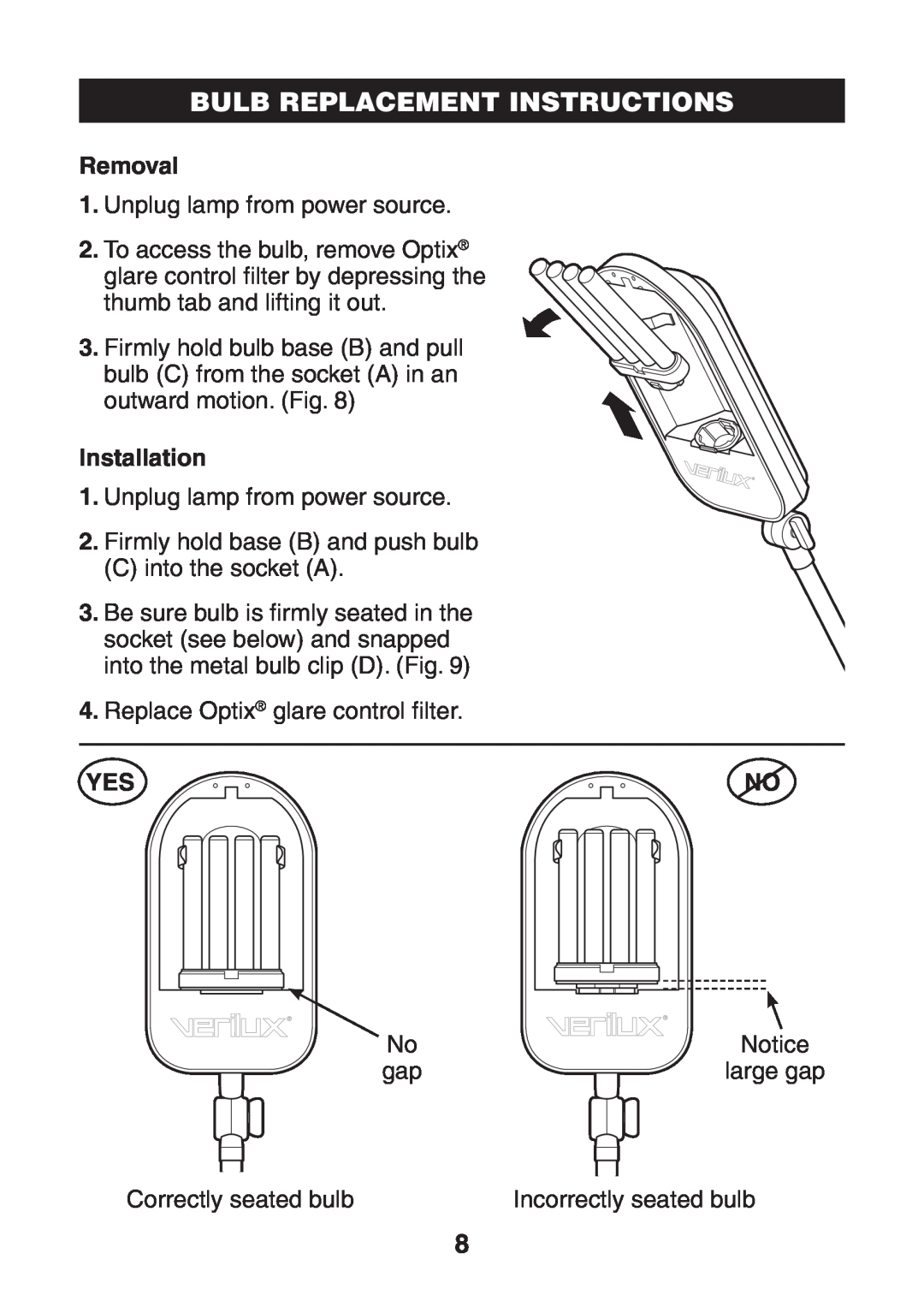 Verilux VD03 manual Bulb Replacement Instructions, Removal, Installation 