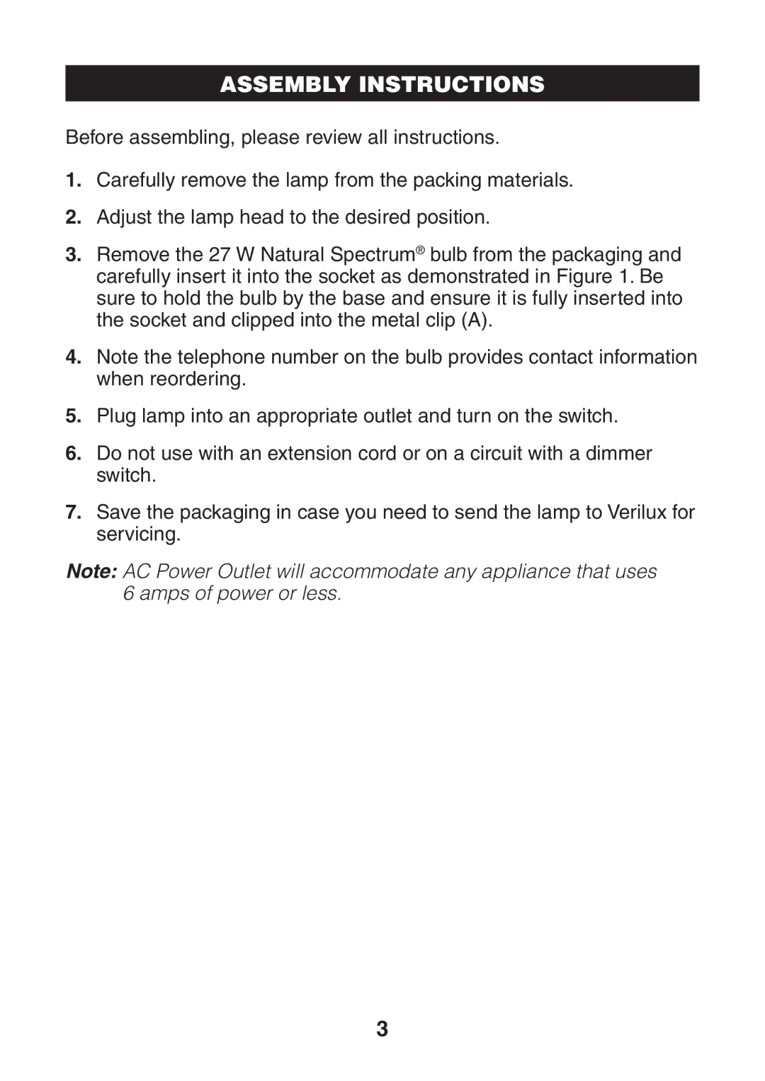 Verilux VD06 manual Assembly Instructions 