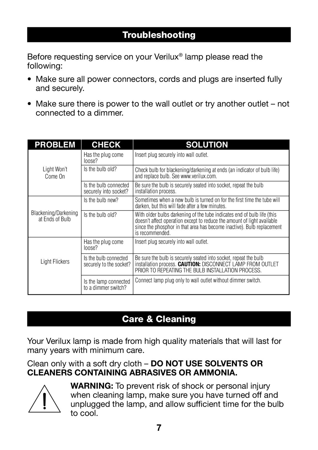 Verilux VD07 manual Troubleshooting, Care & Cleaning 