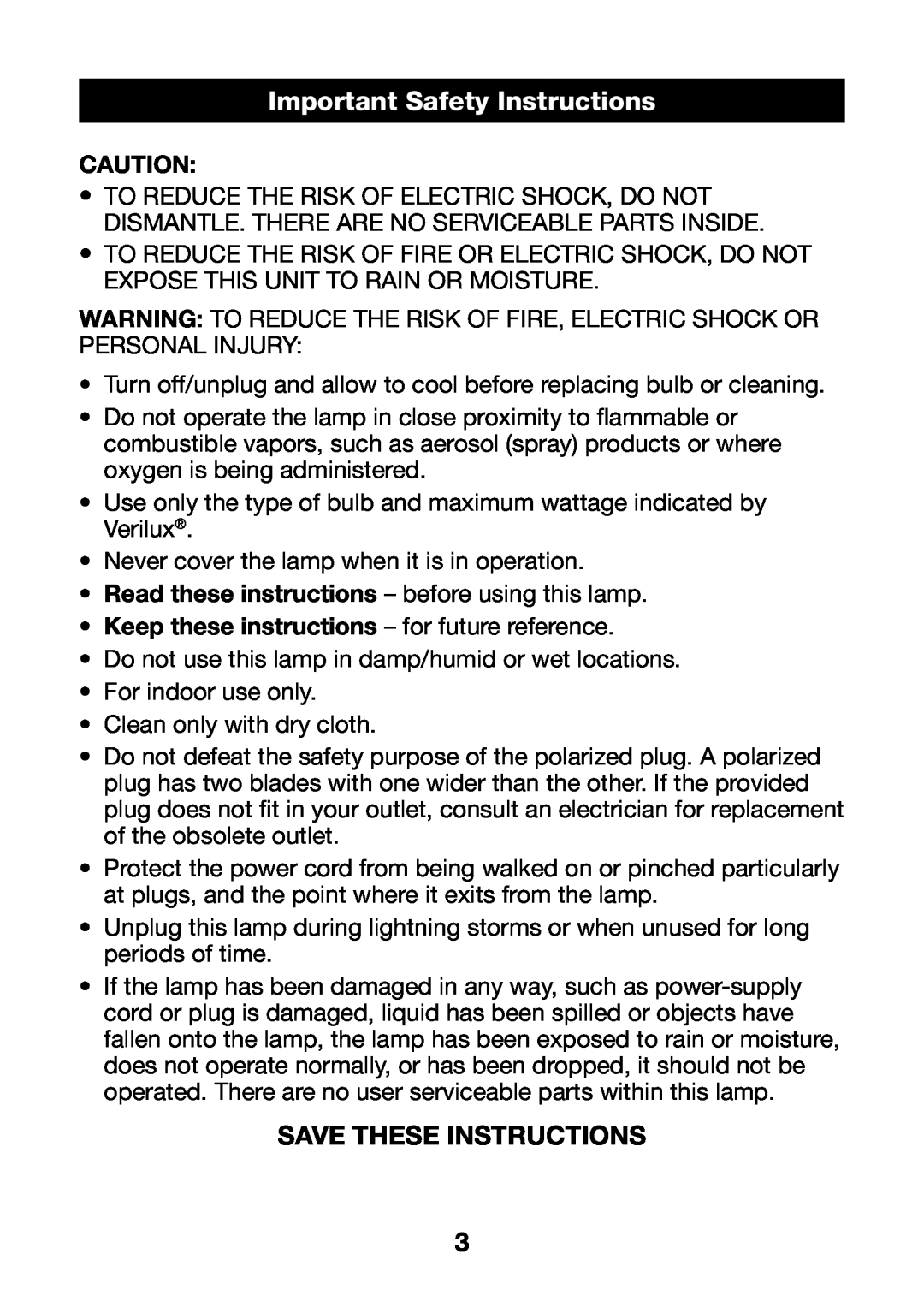 Verilux VD07 manual Important Safety Instructions, Save These Instructions, Keep these instructions - for future reference 