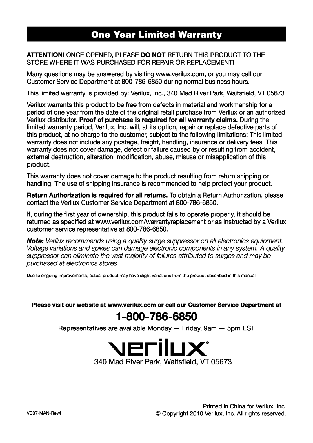 Verilux VD07 manual One Year Limited Warranty, Mad River Park, Waitsfield, VT 