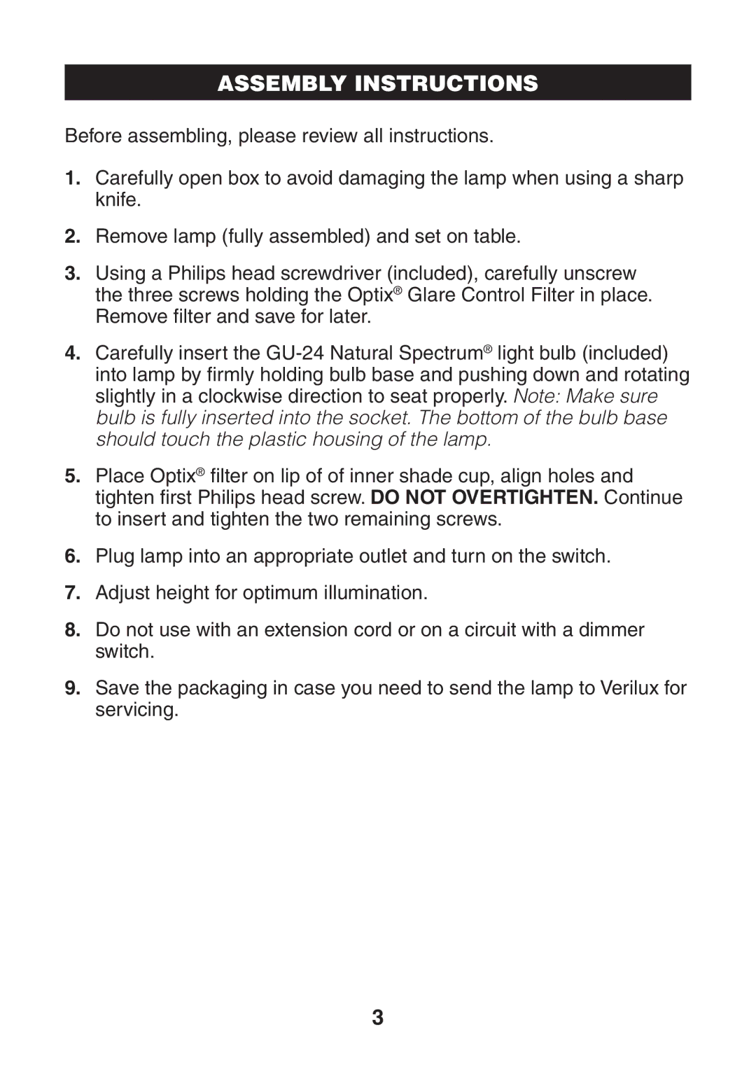 Verilux VD08 manual Assembly Instructions 