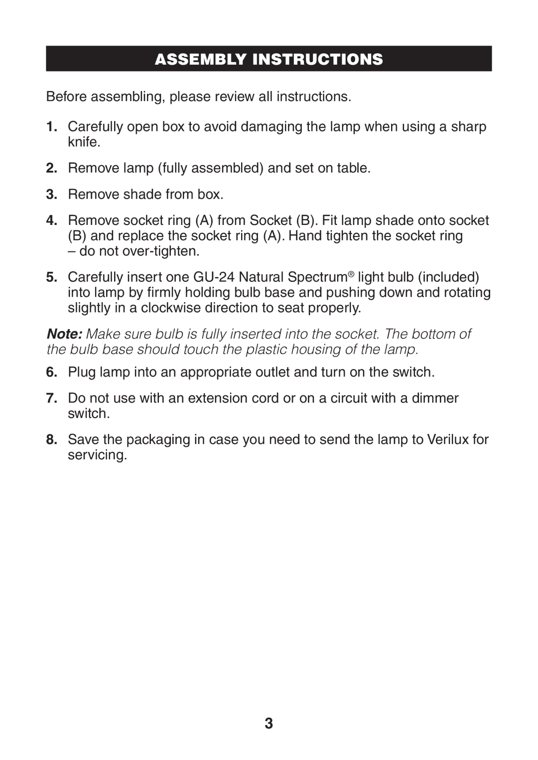 Verilux VD09 manual Assembly Instructions 