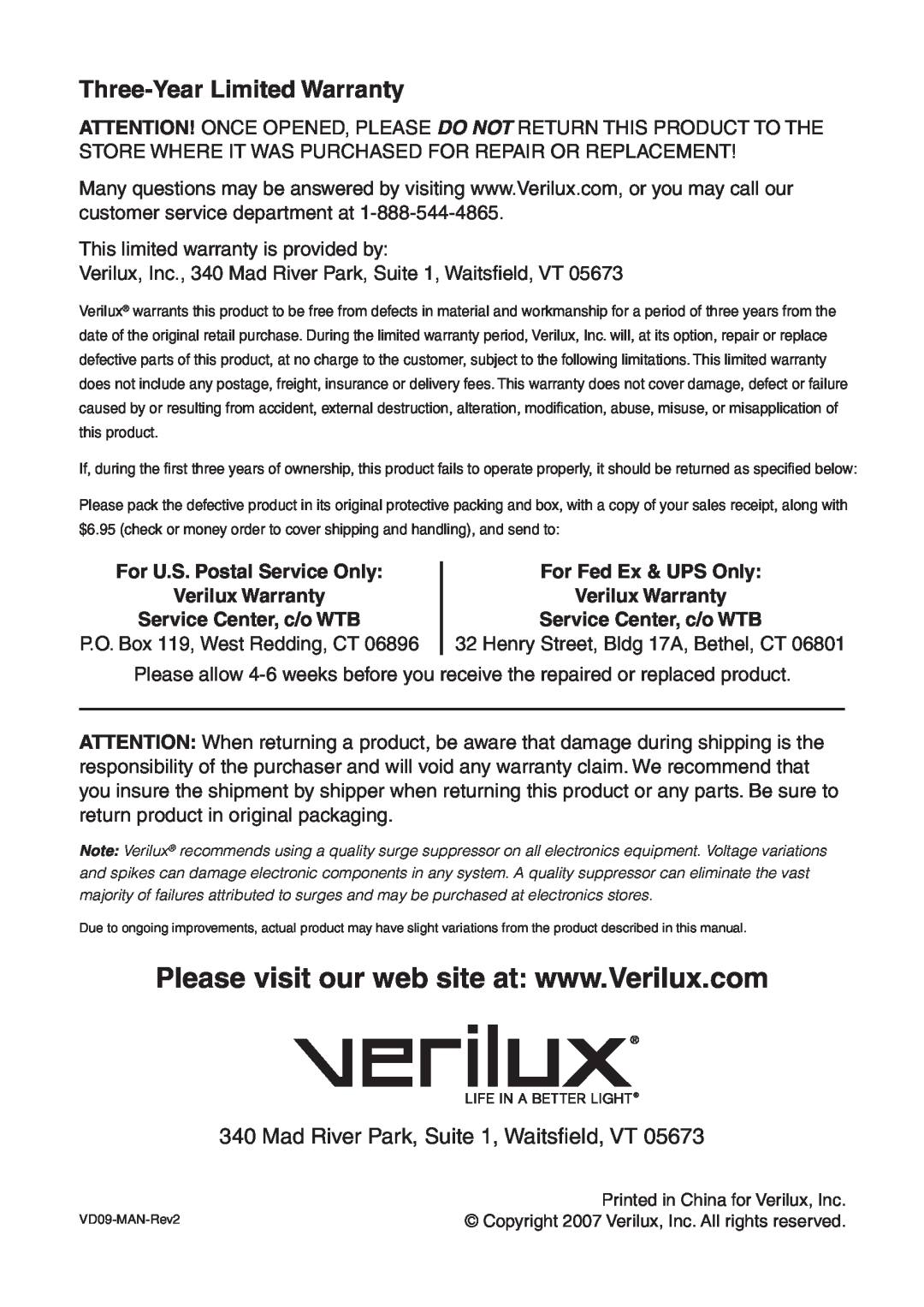 Verilux VD09 manual Three-YearLimited Warranty, Mad River Park, Suite 1, Waitsﬁeld, VT, Service Center, c/o WTB 