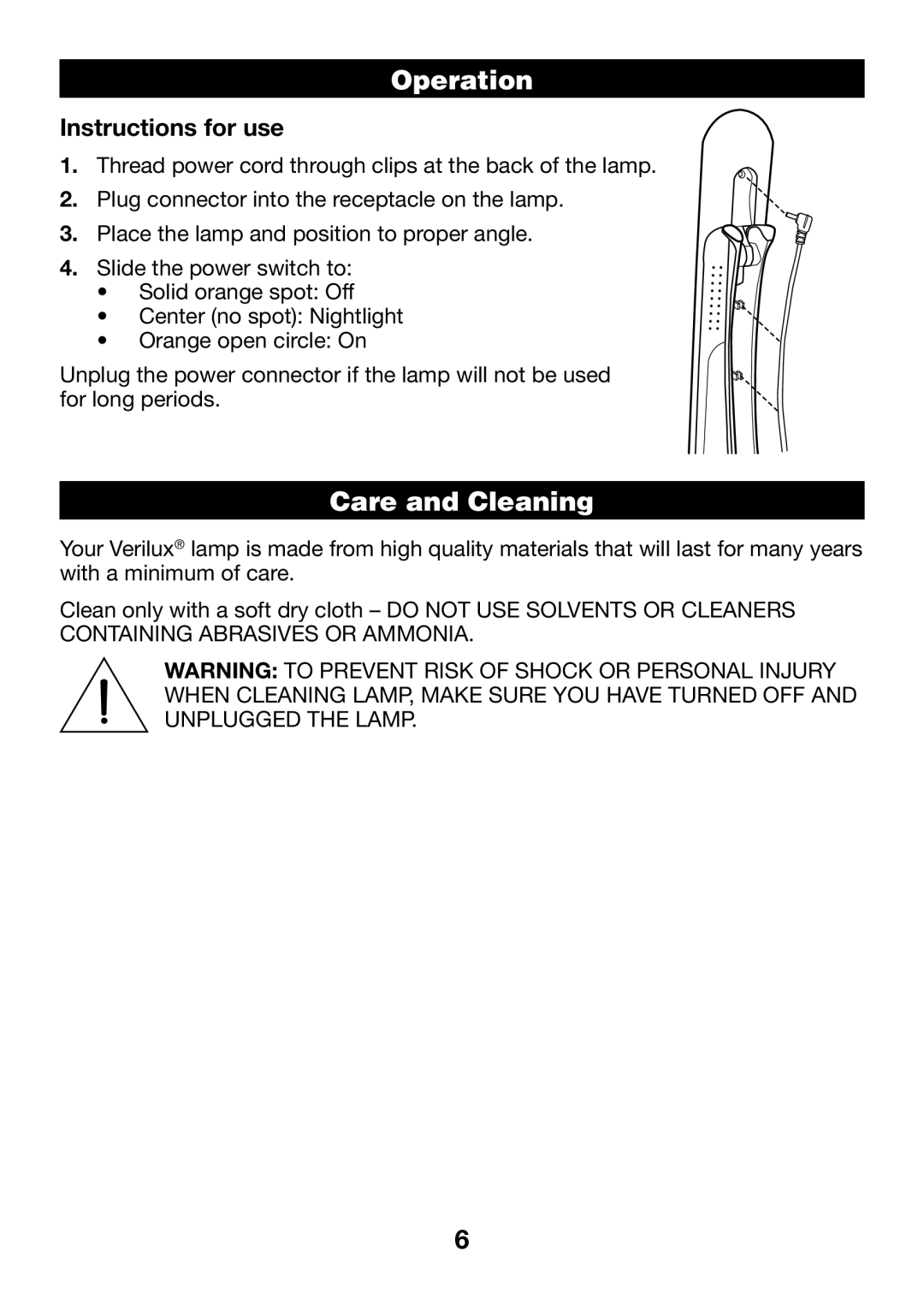 Verilux VD10 manual Operation, Care and Cleaning, Instructions for use 