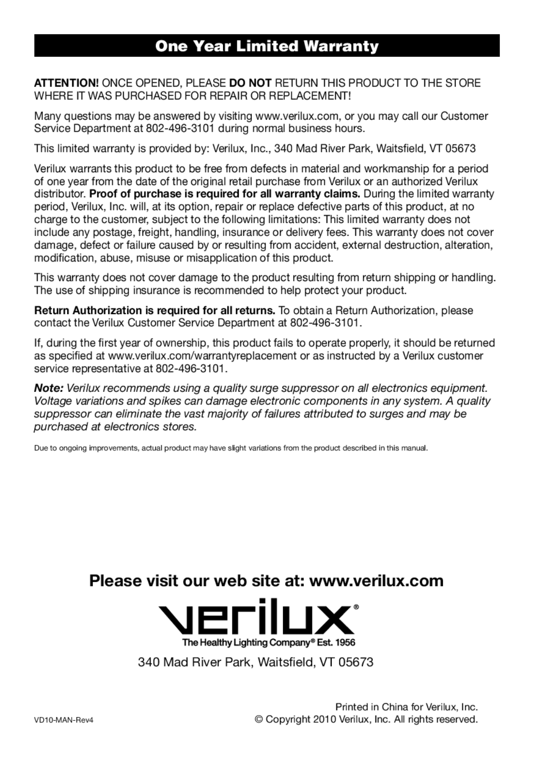 Verilux VD10 manual One Year Limited Warranty 