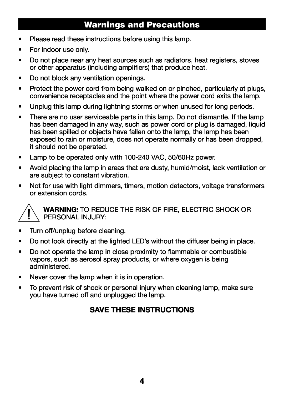Verilux VD10 manual Warnings and Precautions, Save These Instructions 