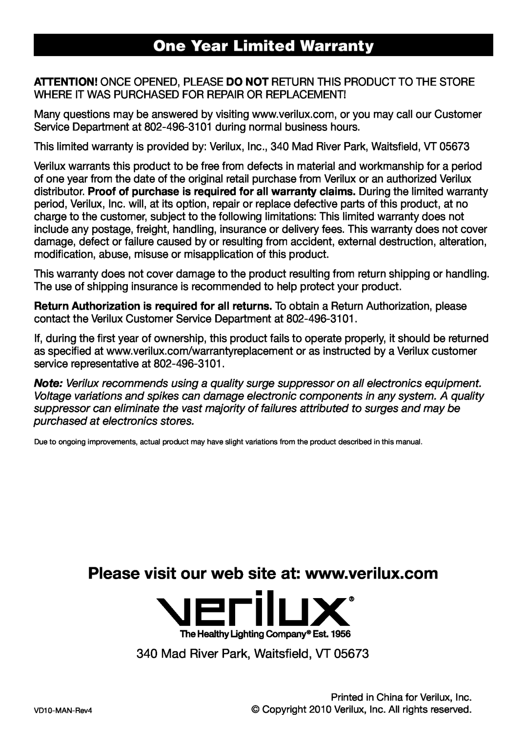 Verilux VD10 manual One Year Limited Warranty 