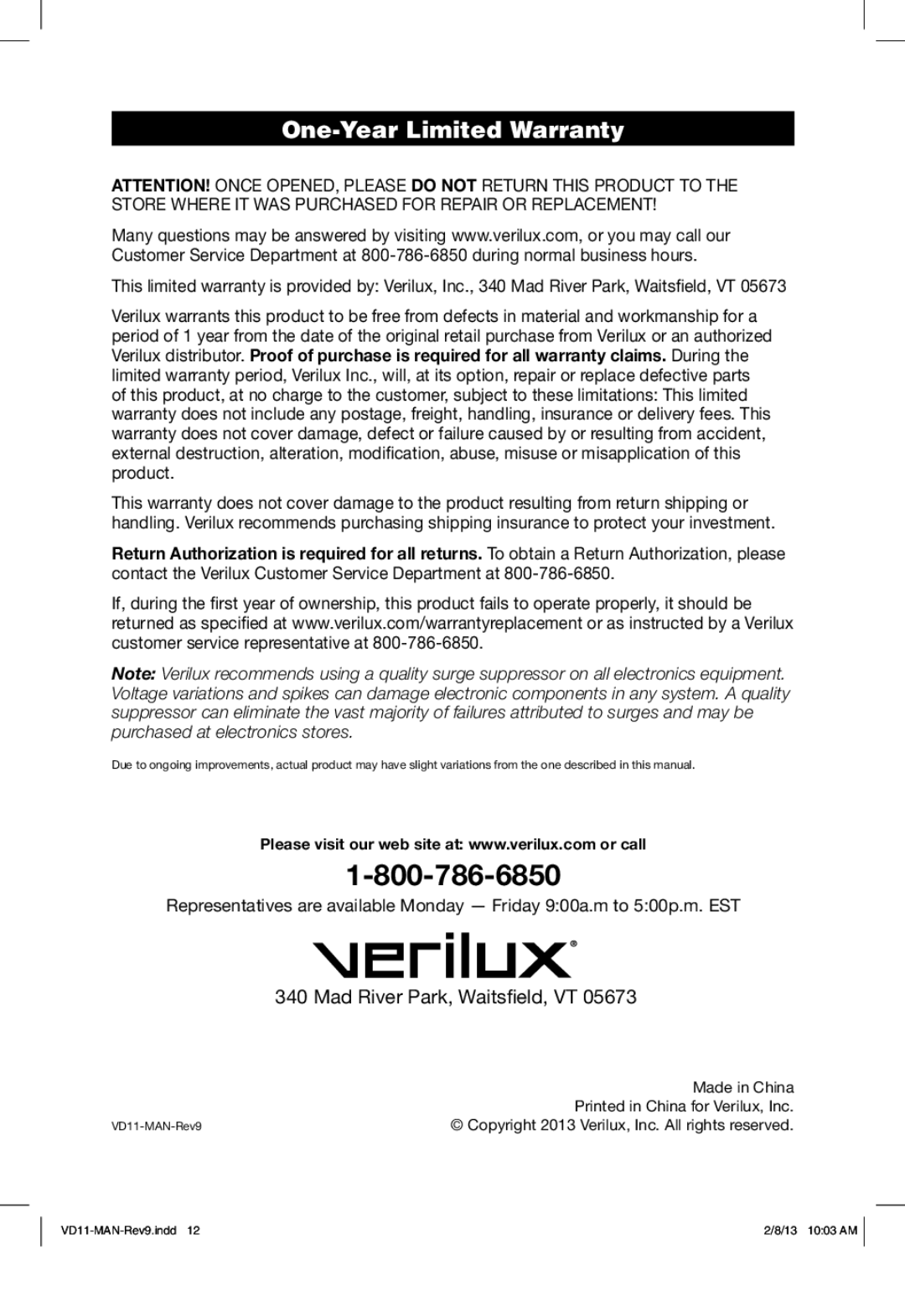 Verilux VD11 manual One-Year Limited Warranty, Mad River Park, Waitsfield, VT 