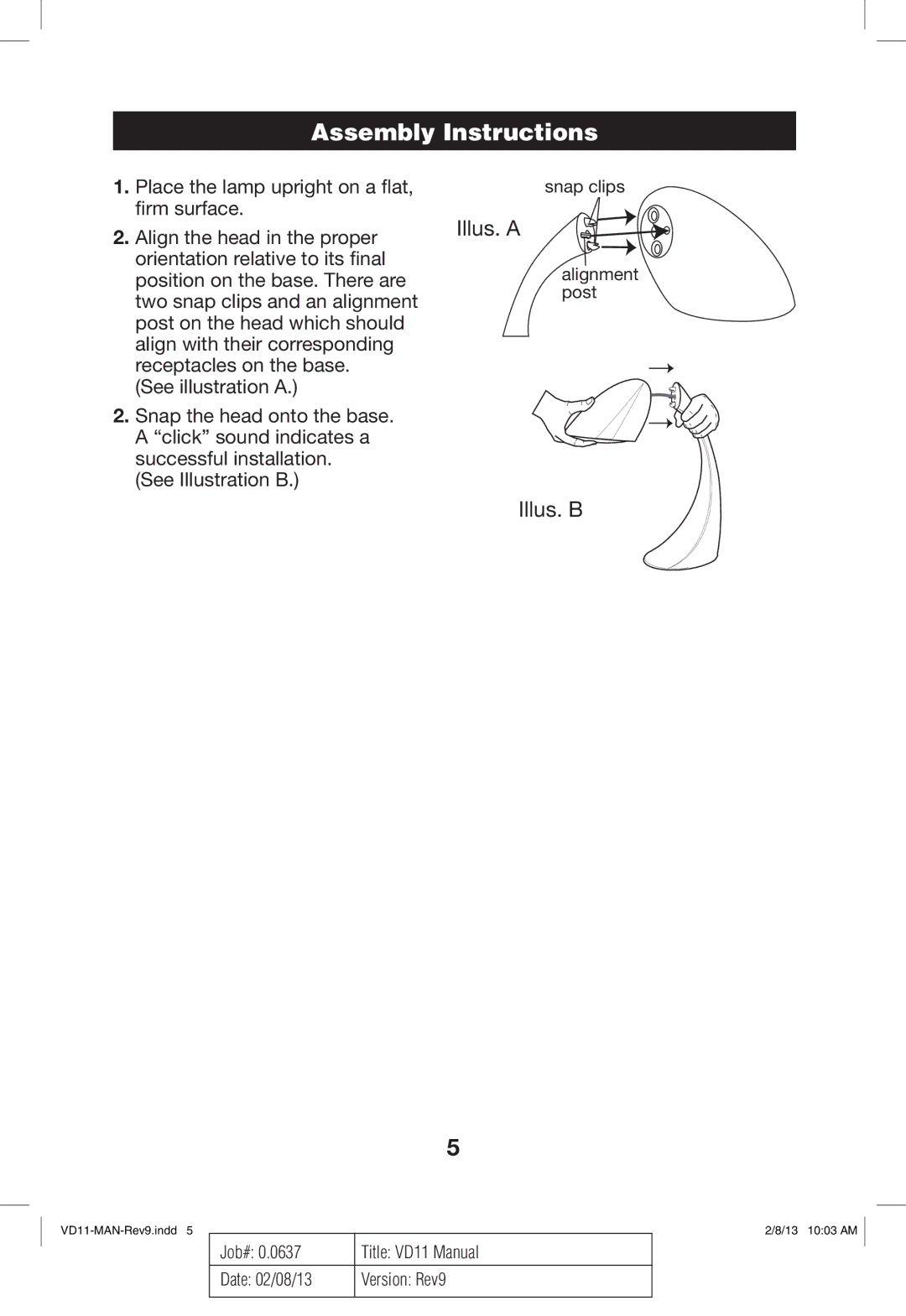 Verilux VD11 manual Assembly Instructions, Illus. a, Illus. B 